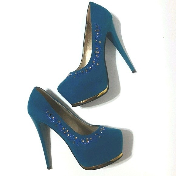 Memorata Celine Sapphire Blue Bejeweled Ultra High Stiletto Platform Heels US 6 - Picture 6 of 9